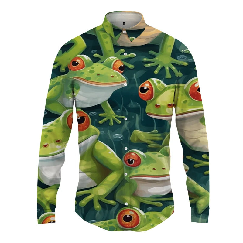 Funny Frog 3D Print Long Sleeve Shirts Animel Graphic Tee Shirt Men Clothing Fashion Long Shirt Lapel Button Top Chemise Homme