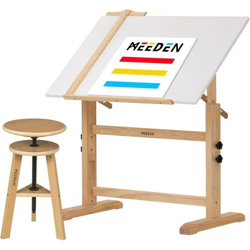 MEEDEN Set papan putih dan bangku, bangku artis tinggi dapat diatur dan meja kerajinan, Meja tiga meja menggambar
