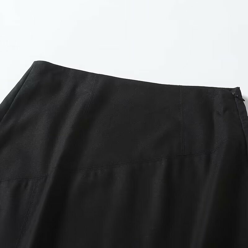 Maxdutti-saia preta minimalista nórdica de cintura alta para mulheres, saia midi de linho de algodão, divisão do viajante, moda casual, senhora