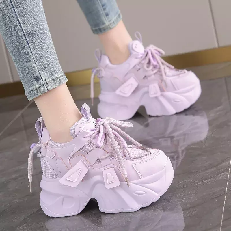 7CM Women Casual Leather Sneaker Autumn Lace up High Platform Shoes Thick Sole Sport Dad Shoes Woman Sneakers Chaussure Femme