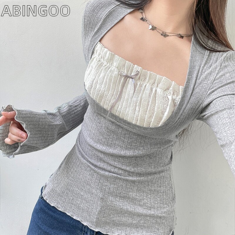 ABINGOO-camiseta feminina com pescoço quadrado, blusa de renda plissada, slim fit, manga micro flare, street wear, painel de contraste, elegante, fofo, Y2K