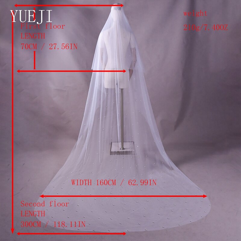 YUEJI Bridal Lace Pearl Veil Double Layer Blusher Cathedral White Veil Wedding Bridal Accessory With Comb Customizable 0114