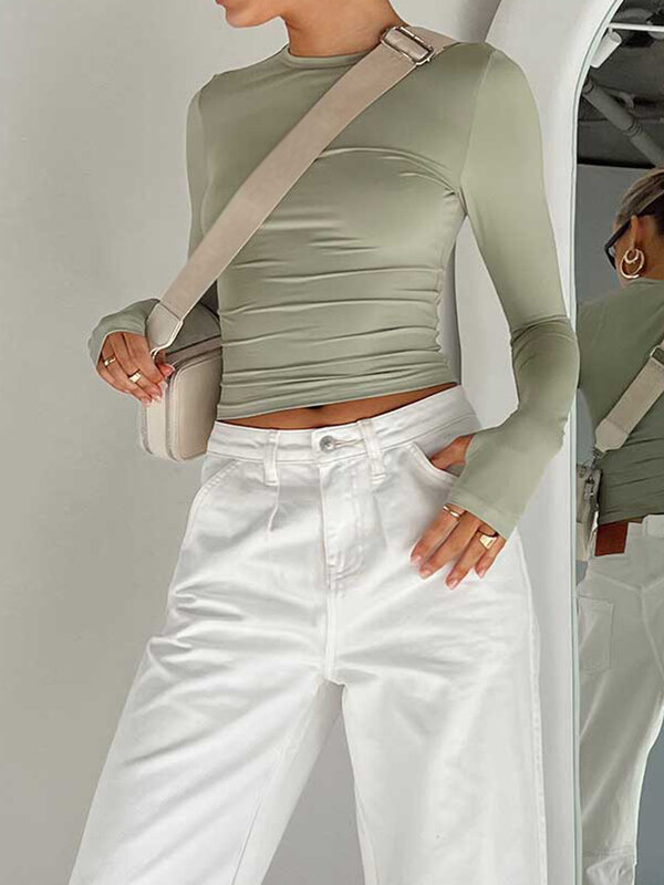 Top feminino de gola redonda manga longa com furos no polegar, camiseta monocromática, slim fit, streetwear diário, moda verão