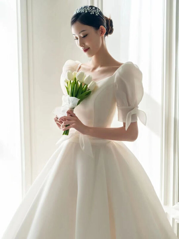 2024 nuovo elegante abito da sposa In raso bianco a maniche corte per donna In estate o In primavera
