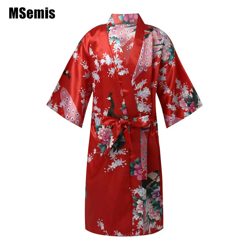 Batas de noche japonesas para niños y niñas, Kimono de satén de imitación con estampado de flores de pavo real, bata de baño, camisón para fiesta de Spa, boda y cumpleaños