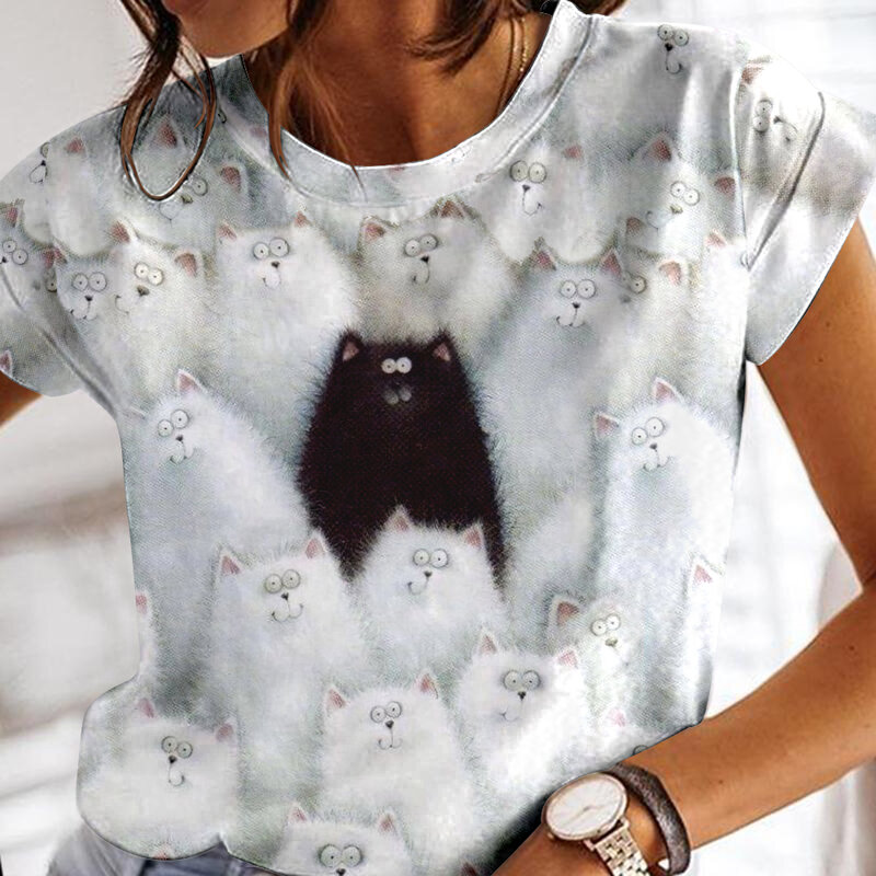 Camiseta feminina casual de manga curta, estampa 3D para gatos, streetwear, pulôver gola redonda, roupa feminina extragrande, moda verão