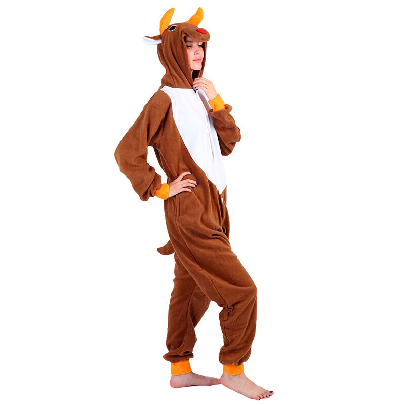 Mulheres laranja ou marrom cervo macacão com capuz, imagem animal selvagem pijama, roupas para casa, roupas de festa, traje adulto, novo
