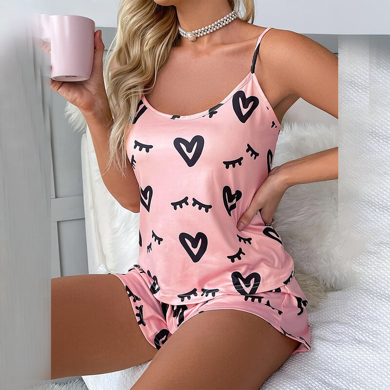 Sexy Women Pajama Set Satin Silky Sleepwear Fashion Love Print Lingerie 2 Pieces Sleeveless Top Shorts Smooth Casual Homewear