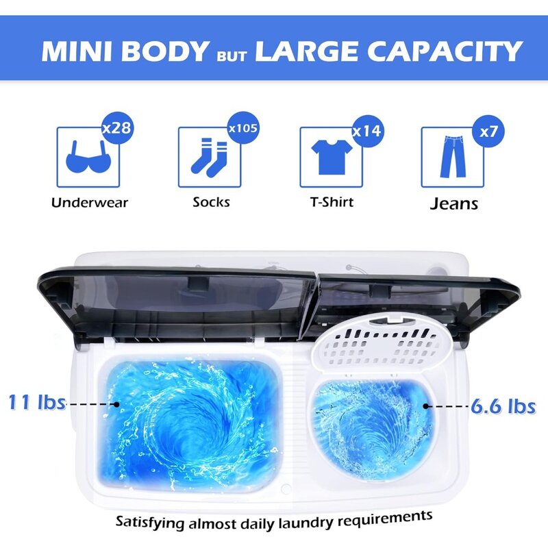Portable Washing Machine 17.6Lbs Capacity Mini Compact Twin Tub Laundry Washer & Spinner with Gravity Drain Pump for Apartment