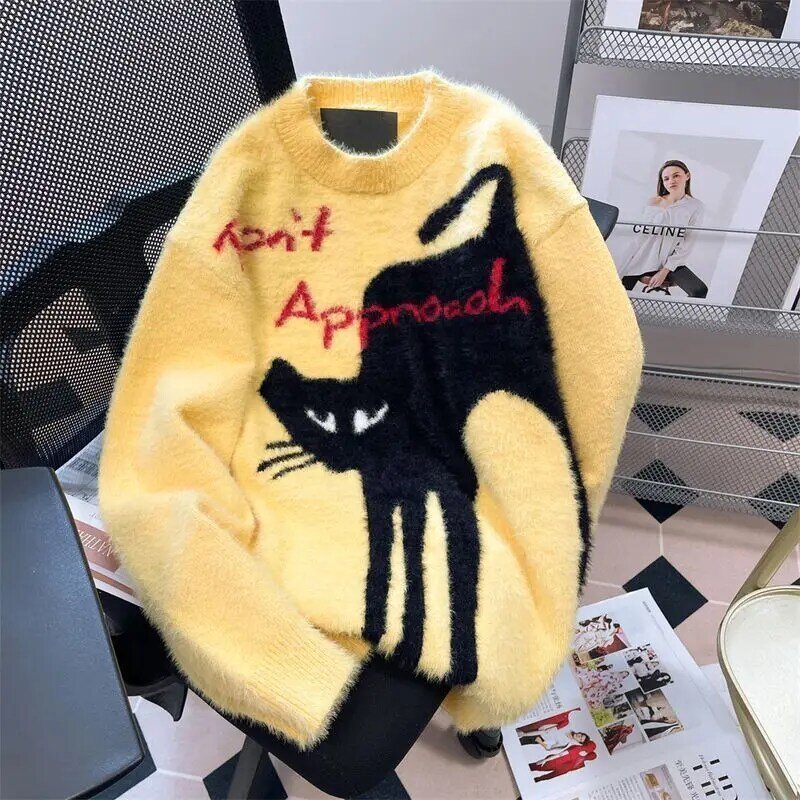 American retro atmosphere feeling mink down cat sweater men's autumn and winter oversize super beautiful soft glutinous knit top