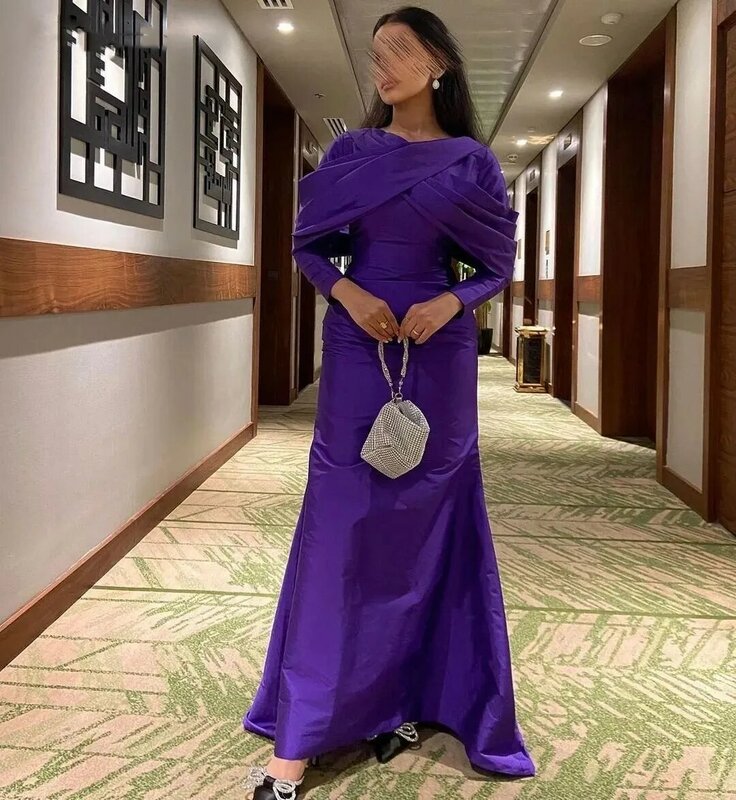 Flora Dress elegante viola raso maniche lunghe o-collo volant a-line lunghezza del pavimento sirena Prom Dress abiti da sera 2023