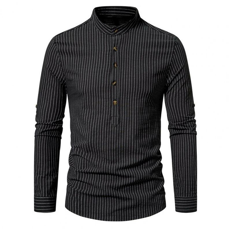 Stylish Stand-up Collar Top Striped Slim Fit Men's Business Shirt with Stand Collar Long Sleeve Breathable for Fall for Men