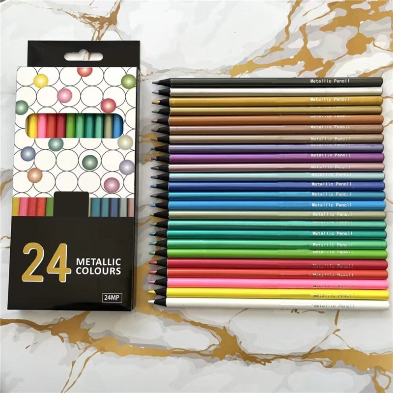 J6PA 24สีสารพันดินสอสีโลหะสีดำไม้วาดดินสอสี