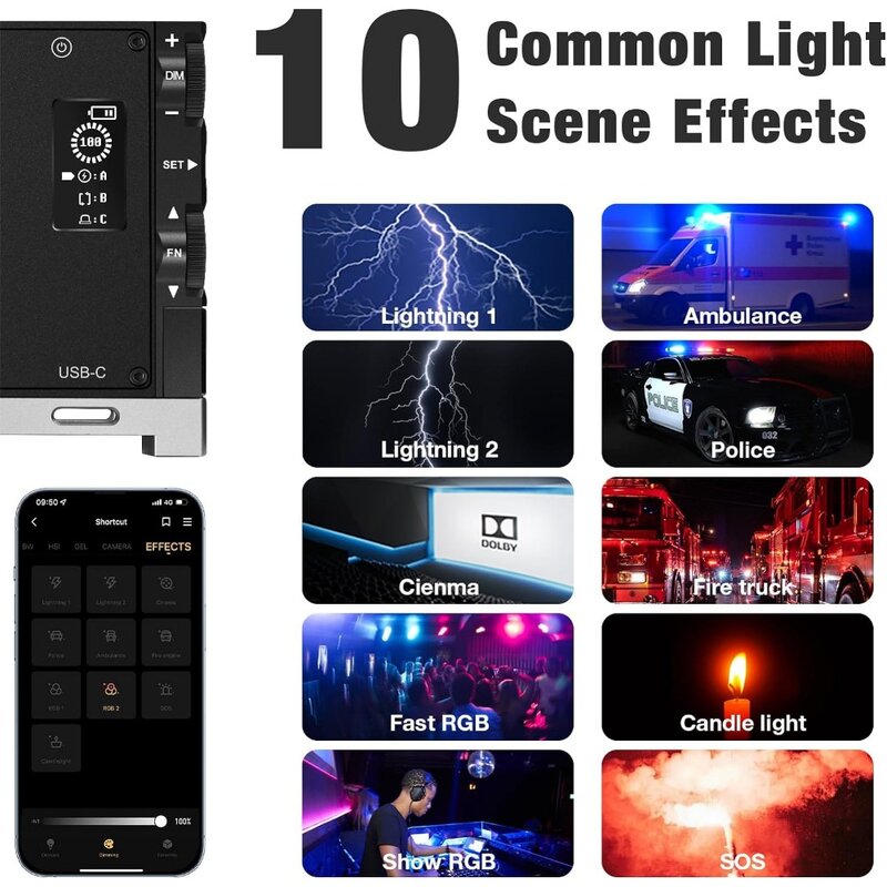 Luz de vídeo RGB Pixel G1s com controle de aplicativos, bateria recarregável embutida de 12W, luz da câmera LED, 10 efeitos de iluminação comuns