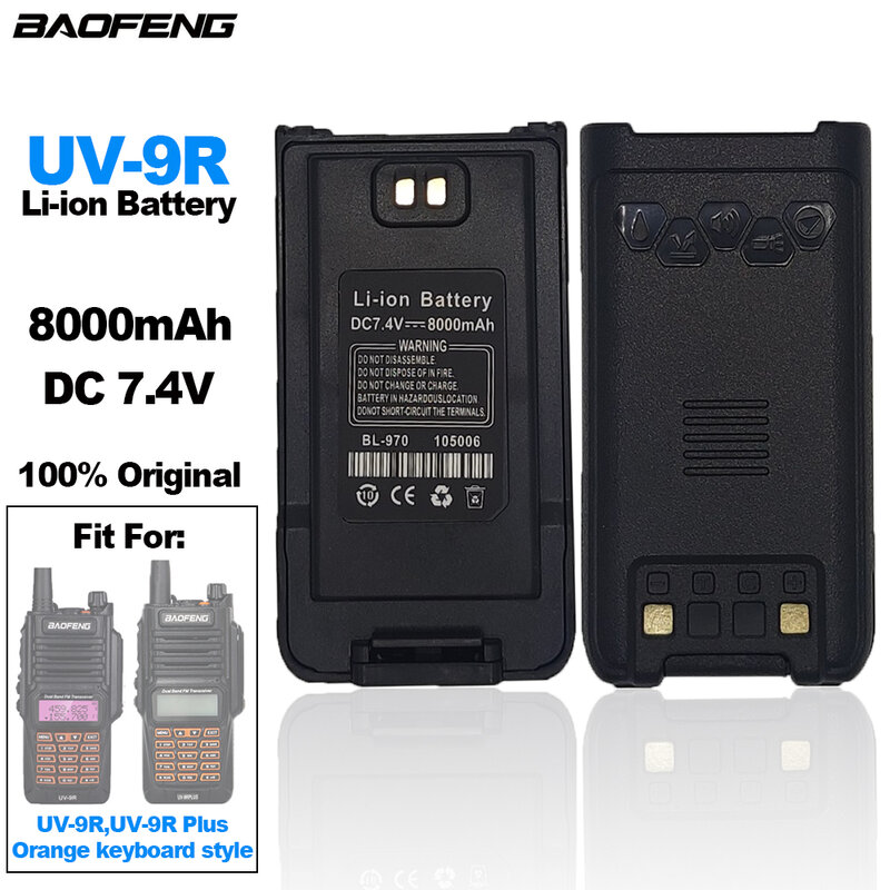 BAOFENG-Walkie Talkie bateria, bateria Li-ion original, apto apenas para UV9R, UV9Plus, estilo de teclado laranja, UV-9R, 8000mAh, DC7.4 V, 100%