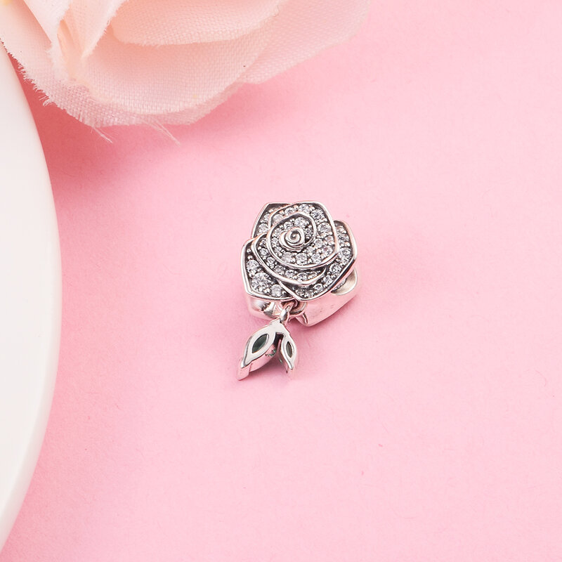 Charme rosa cintilante em flor para fazer joias, contas esterlinas de prata 100% reais, cristais para aniversário de casamento, mãe e filhos