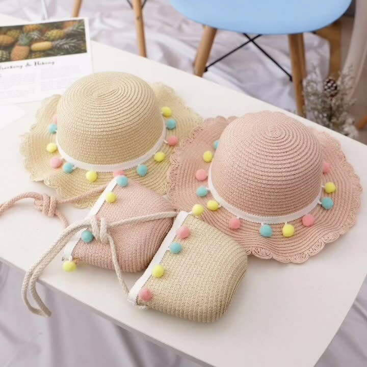 Sombrero de paja tejido transpirable para niñas, conjunto de bolsa, Color sólido, bola pequeña colorida, Verano
