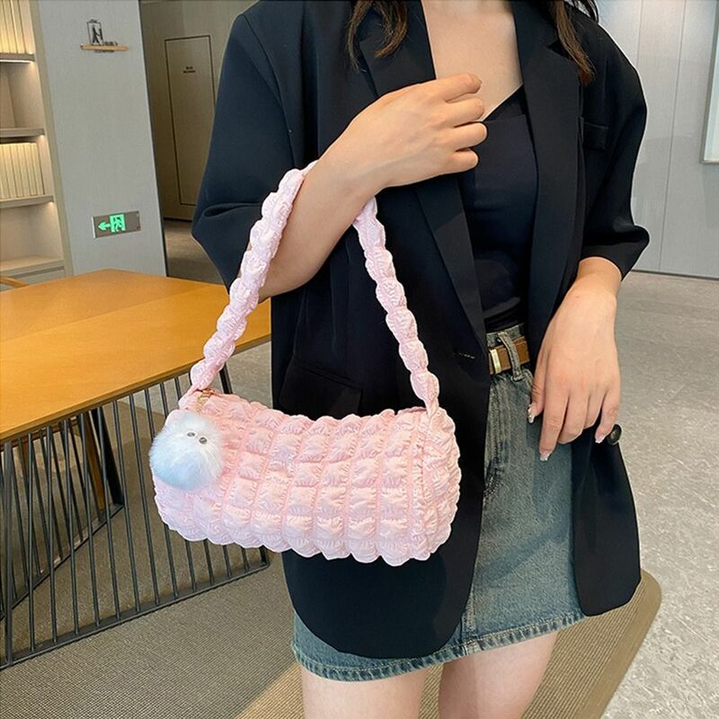 Tas selempang wanita, gaya Korea Cloud tas bahu warna Solid manis kotak-kotak lipit gelembung tas tangan tas selempang kapasitas besar