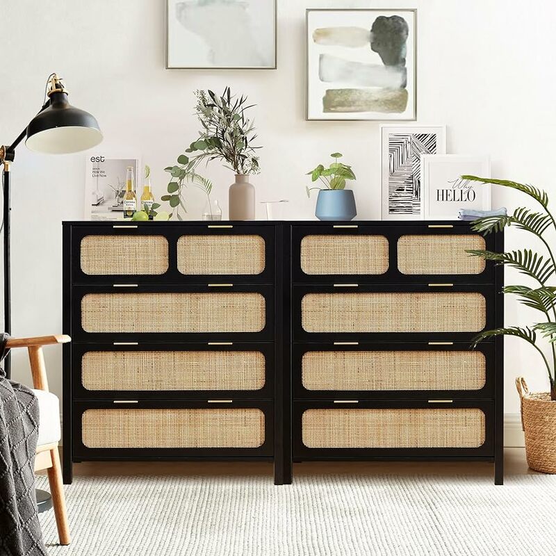 4 Drawer Dresser,Rattan Dressers Storage Cabinet with Metal Handles, Wooden Chest of Drawers Dresser for Bedroom, Entryway