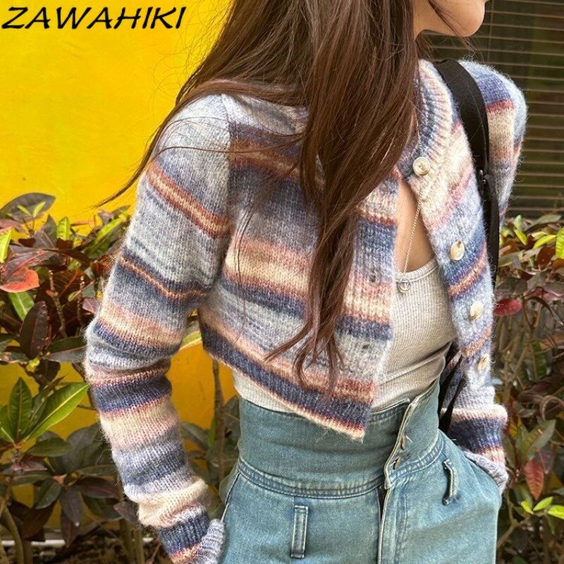 Y2K-cárdigan De punto a rayas para Mujer, suéter De punto suave, cálido, Vintage, diseño elegante, informal, dulce, Otoño e Invierno