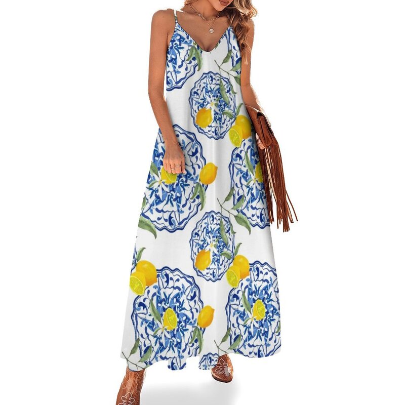 Vestido simples sem mangas para mulheres, padrão limão, fundo mosaico, saia simples, limão, verão