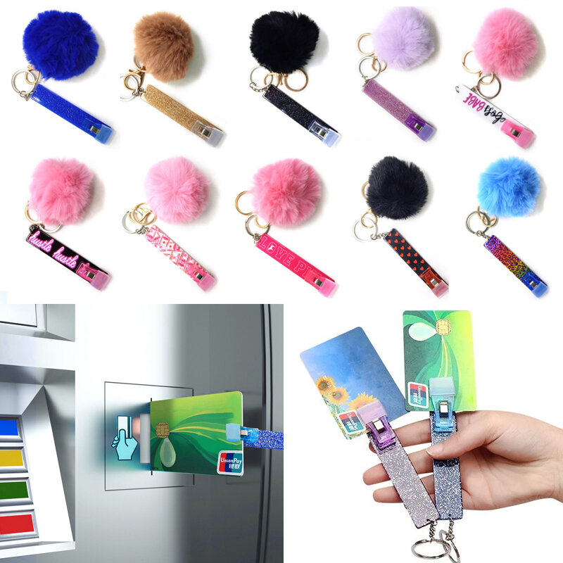Acryl Schlüssel bund Kreditkarte Grabber Schlüssel anhänger für lange Nägel atm Karten clip Pom Ball Schlüssel ring Anhänger Charm Tasche Zubehör