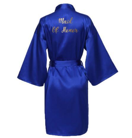 Шелковая атласная искусственная Роба для невесты, Свадебный длинный халат, банный халат с золотым принтом, Королевский синий Халат