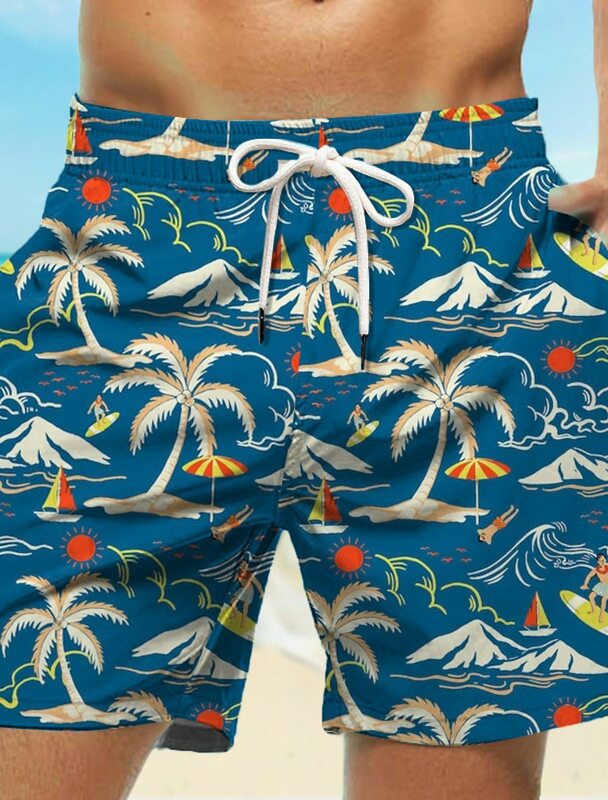 Pantalones cortos de tabla para hombre, bañadores con estampado 3D de árbol de coco, secado rápido, informales, hawaianos, 4 microelásticos