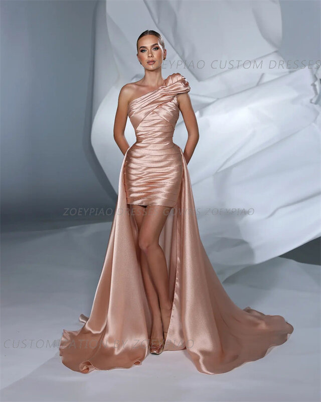 Gaun Prom pendek sampanye sederhana gaun malam berlipat Satin tanpa lengan gaun acara khusus gaun Prom Vestidos De Noche