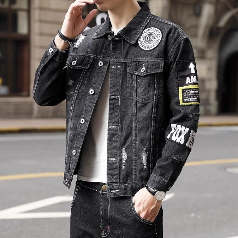 Men Denim Jacket Hip-hop Street Outfit Motorcycle Split Print Denim Jacket Fashionable and High-quality Perforated Men Clothing
