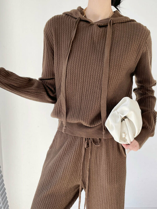 Casual Fashion Knitted Suit Women 23 Autumn Winter Loose Long-Sleeved Hooded Sweater+Lace-Up Wide-Leg Pants Sports Two-Piece Set