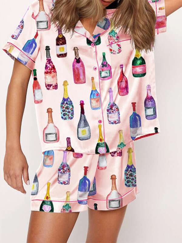 Женский пижамный комплект из 2 предметов, рубашка на пуговицах с коротким рукавом и принтом цвета шампанского + шорты, летняя Свободная Домашняя одежда