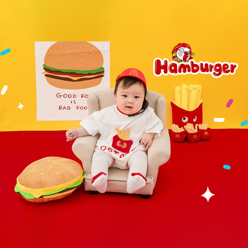 Pasgeboren Fotografie Kleding Schattige Hamburg Thema Fotografie Set Jumpsuit Kousen Hoed Baby Fotoshoot Outfit Burger Friet Rekwisieten