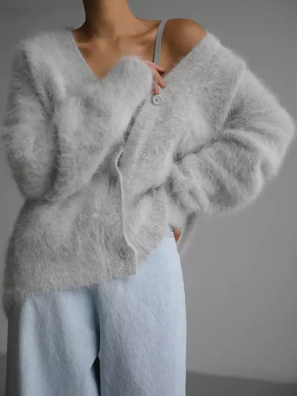 Bornladies 여성용 모조 밍크 가디건, 부드러운 V넥 두꺼운 니트 재킷, 겨울 단추 빈티지 카디건 스웨터