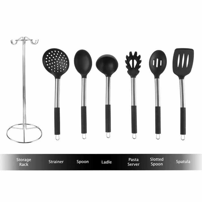 Set di utensili da cucina classici in acciaio inossidabile e Silicone da 7 pezzi, nero