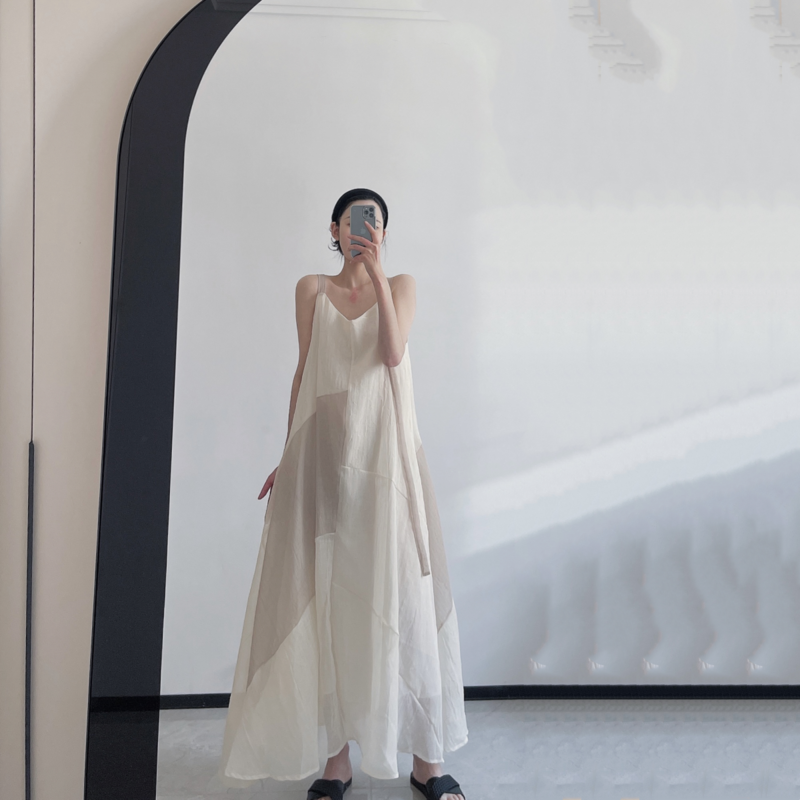 Letnia sztuka Retro kontrastowa nieregularna długa sukienka na szelkach z oddychającą lnem i kostką bez rękawów dla kobiet