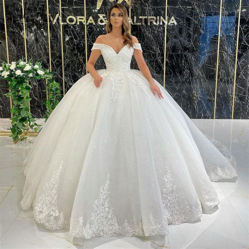 Элегантное свадебное платье с открытыми плечами для женщин кружевные аппликации блестящие тюлевые Роскошные свадебные платья с V-образным вырезом