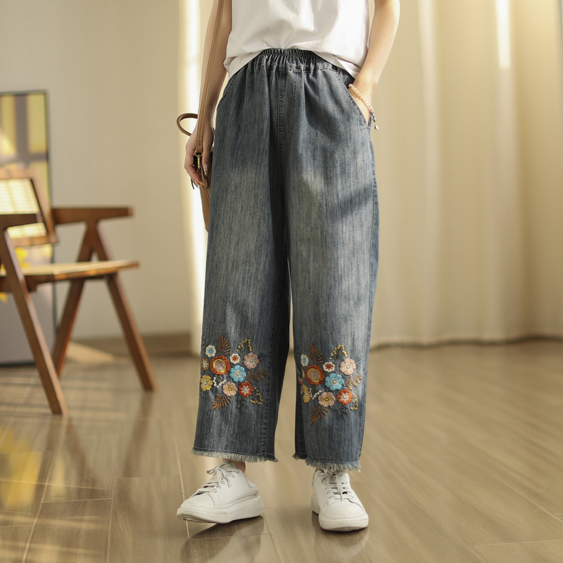 Vintage Wide Leg Jeans for Women Summer Autumn Japan Harajuku Fashion Elastic Waist Fringe Embroider Denim Pants
