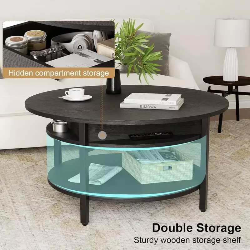35.43'' Farmhouse Coffee Table for Living Room Reception Room 2 Tier Large Round Coffee Table Round Dining Table Black Furniture
