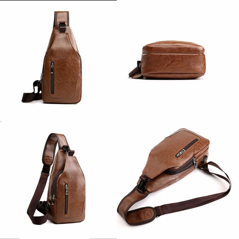 with USB Charging Port Men's Sling Bag Adjustable Strap PU Leather Chest Bag with Headphone Hole Large Capacity Anti-theft