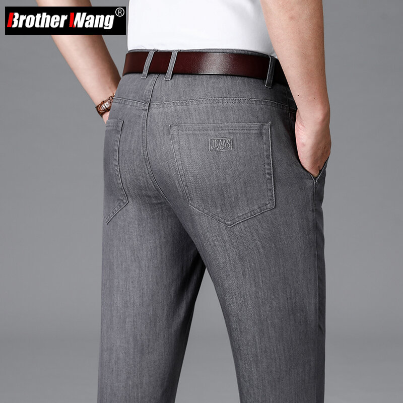 2023 Spring Summer New Men's Regular Fit Gray Thin Jeans Classic Style Business Fashion Stretch Denim Trousers Male Brand Pants
