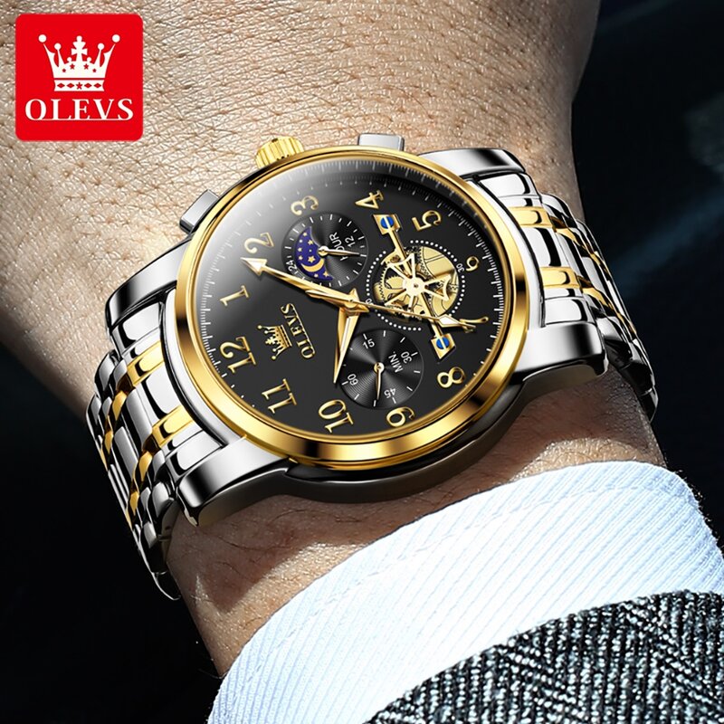 OLEVS jam tangan kuarsa fase bulan pria, arloji merek Fashion baja tahan karat tahan air bercahaya mewah Tourbillon untuk pria