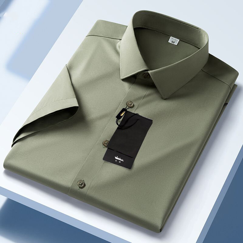 Новая летняя бесшовная эластичная рубашка с коротким рукавом мужская деловая Повседневная Однотонная рубашка против морщин без глажки из ледяного шелка