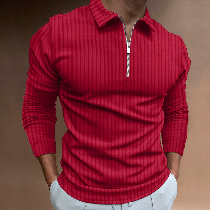 Polo da uomo a maniche lunghe a righe da uomo autunno T-Shirt con cerniera con colletto rovesciato solido Slim top Street Wear Polo moda Casual