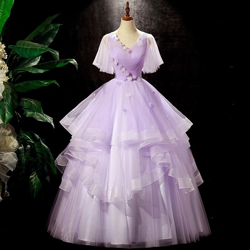 Robes de Quinceanera sans volants à couches lilas, fleurs 3D faites à la main, manches courtes, robe de soirée en tulle, robes de Rh, 15 ans, 2024