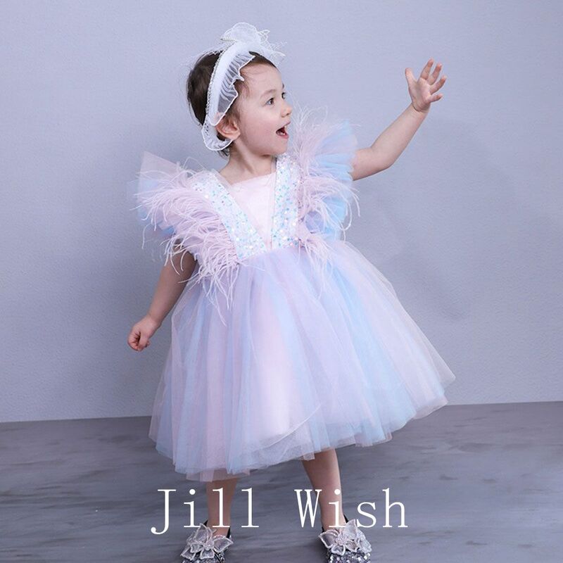 Jill Wens Elegante Dubai Lila Meisje Jurk Veren Strik Prinses Baby Kids Trouwfeest Prom Jurk Heilige Communie J235