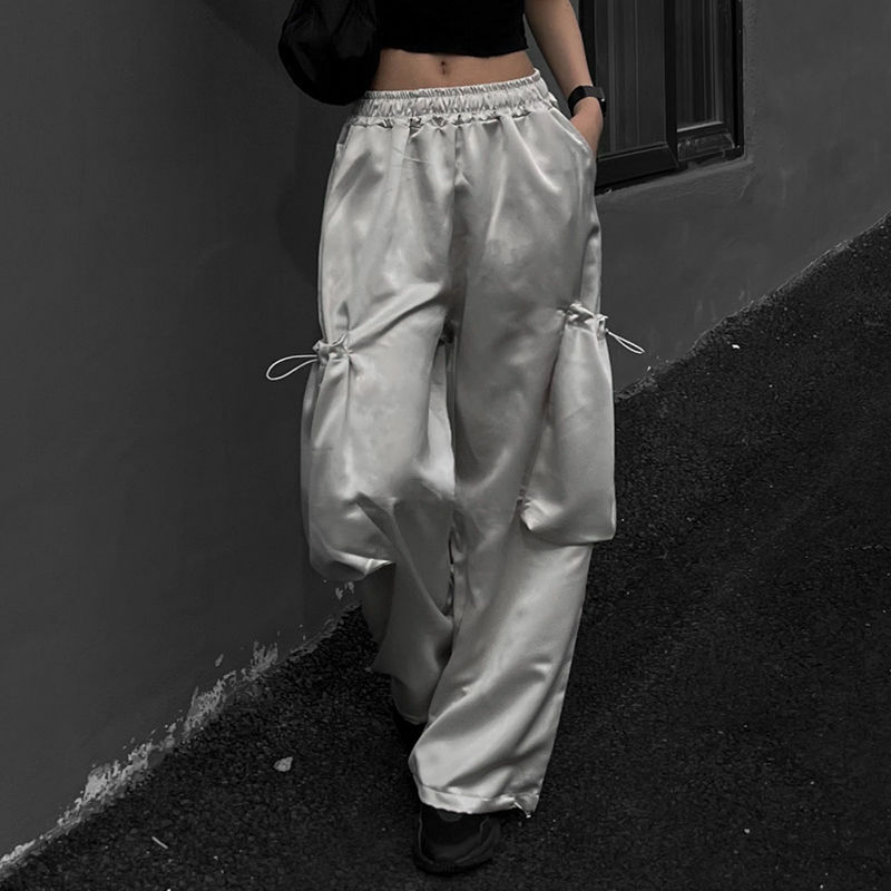 Deeptown Y2k Satin Cargo Pants Women Oversize Harajuku Korean Fashion Summer Baggy Slacks Thin Trousers Pockets Gyaru Streetwear