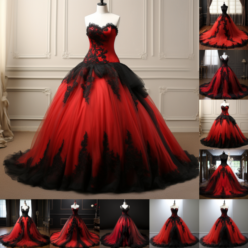 Roter Tüll und schwarze Spitze Rand Applikation V-Ausschnitt Ballkleid in voller Länge Schnürung Abendkleid formelle Gelegenheit elagant clohing W3-9