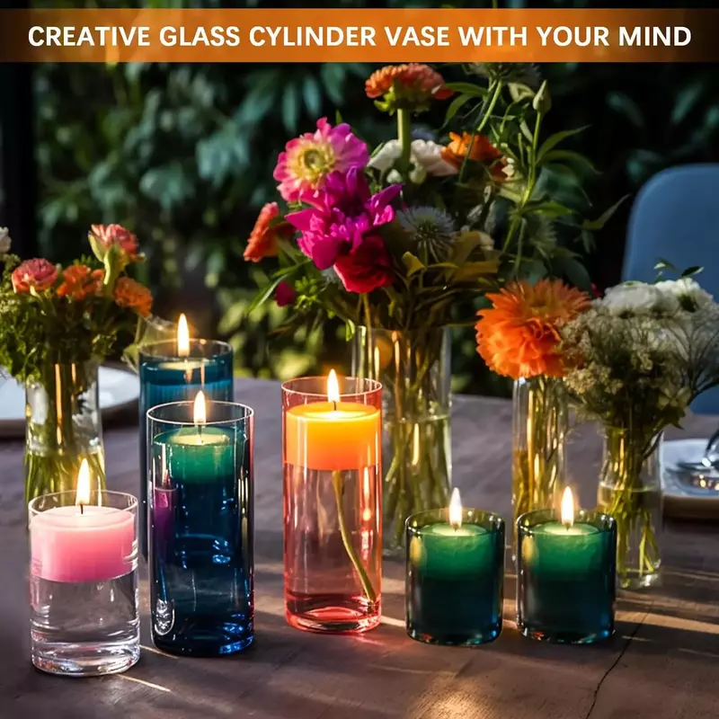 48 Pack Glass Cylinder Vases 4,6,8,10 Inch Tall Clear Flower Vase Hurricane Floating Candle Holder for Table Centerpiece