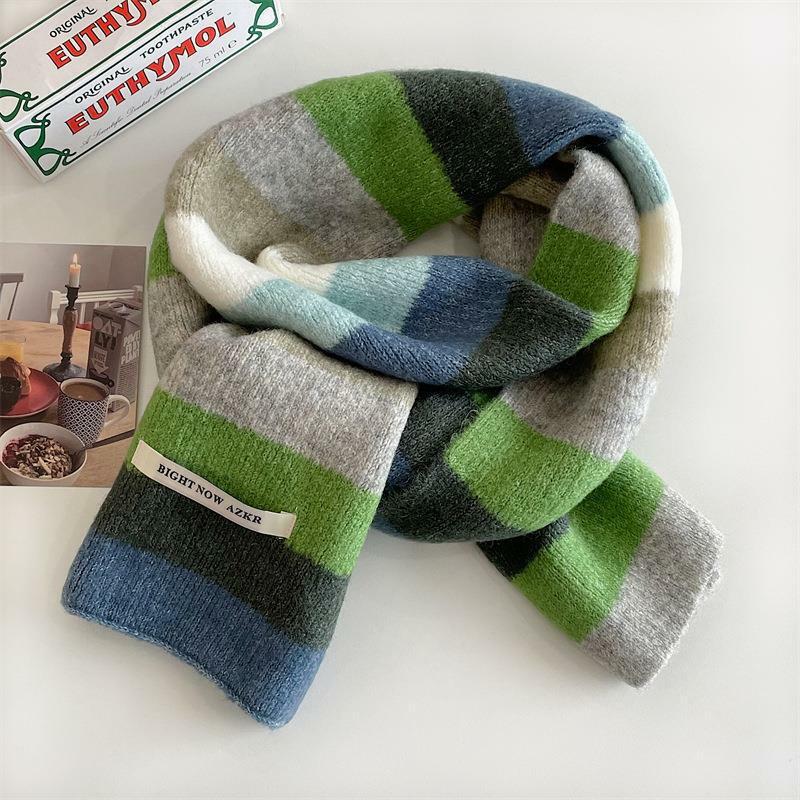 Зимний теплый шерстяной короткий шарф в радужную полоску для мужчин и женщин